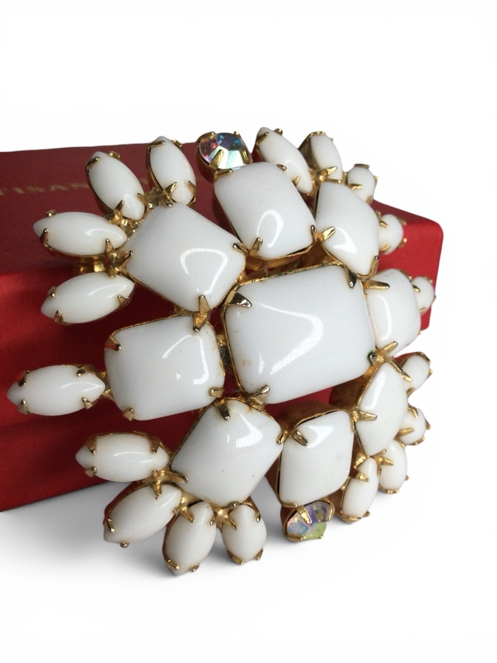 Vintage Gold-Tone Milk Glass Cabochon Floral Brooch with AB Accents - Picture 5 of 14